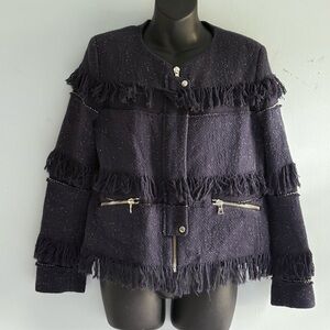 Sandro Navy Fringed Bomber Jacket